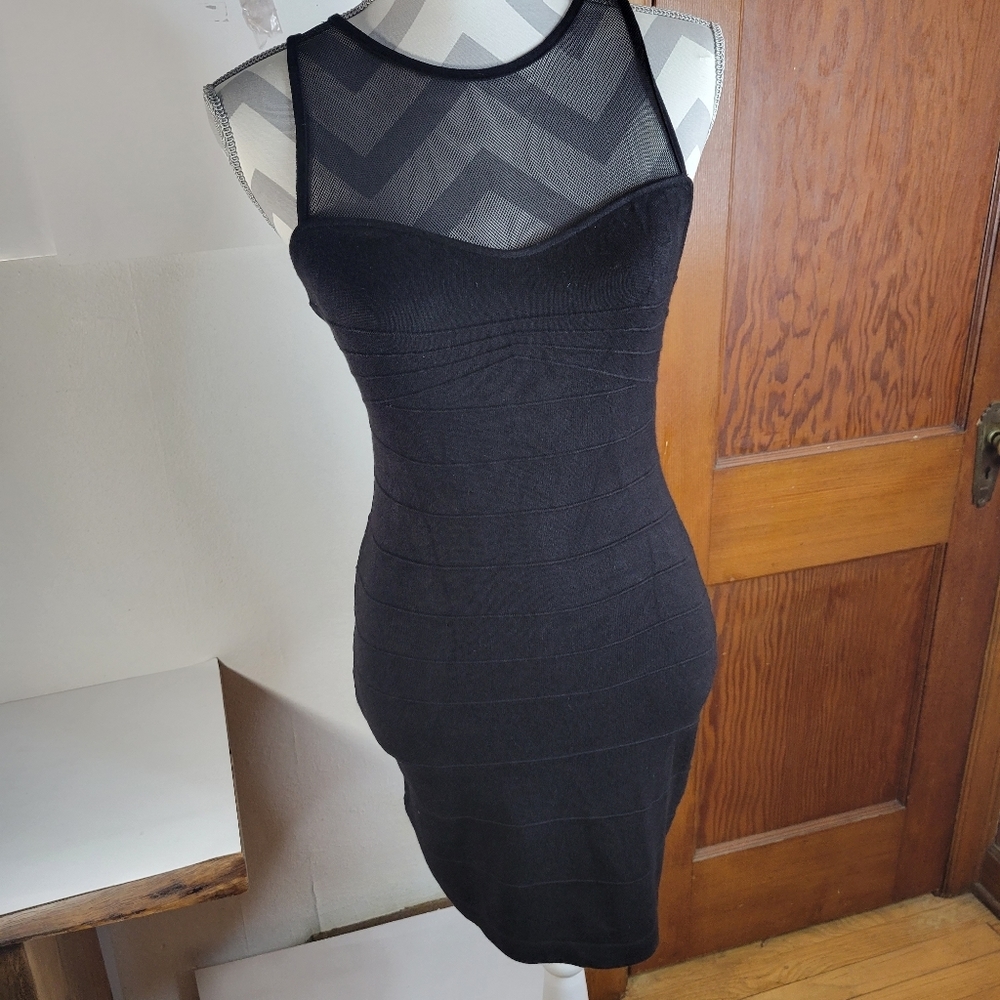 Womans Guess Bodycon Sleeveless Mesh and Knit Black Dress Size Medium